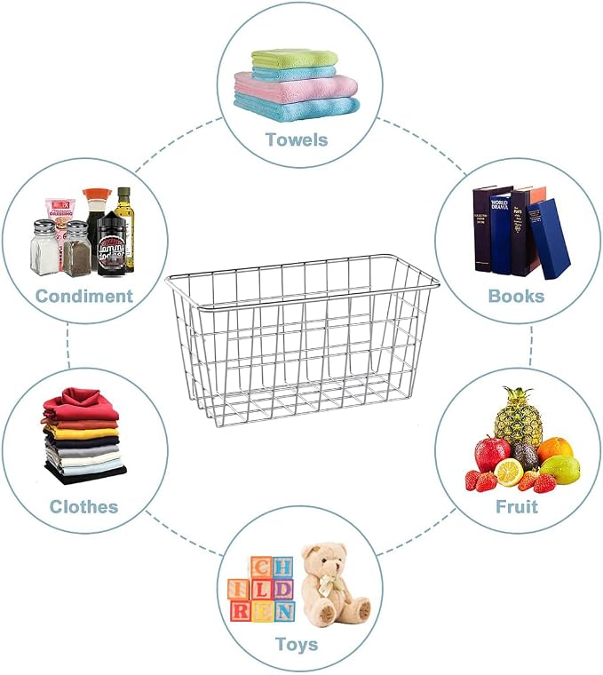 JUNCHU CHERRY 2 Pack Hanging Storage Basket, Bathroom Basket, Household Goods, with Traceless Tape, no Drilling, for Cabinet Storage, Kitchen, Bathroom, Storage Room,Chrome