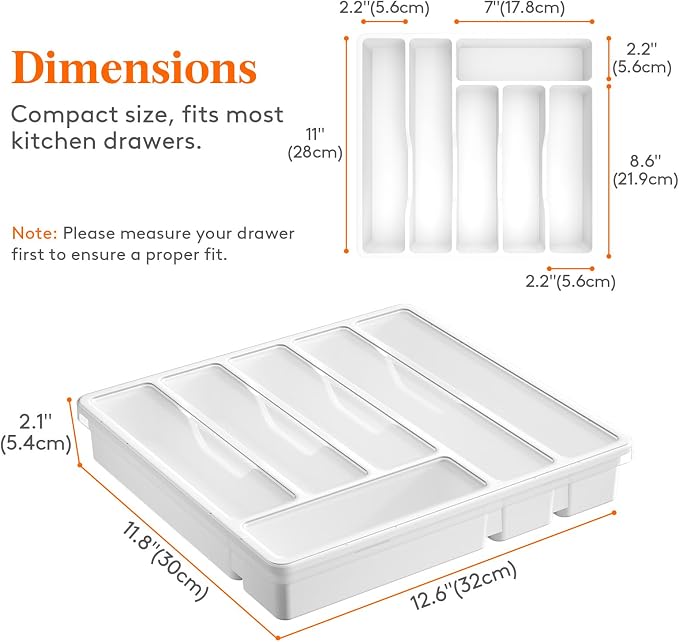 Lifewit Silverware Organizer with Lid, Covered Utensil Tray, 12.6x11.8 | Plastic Cutlery Storage Box for Kitchen Drawer and Countertop, Flatware Case Holder for Spoons Forks Knives, White