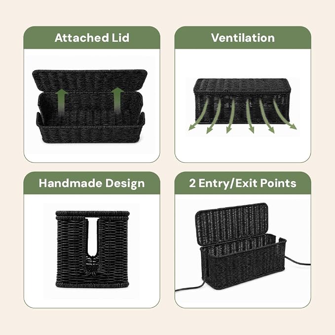Cable Management Box, Handmade Rattan Cord Organizer for Power Strip | Open Slots Cord Hider for Power Strip, Router & USB Hub, Registered U.S. Design Patent
