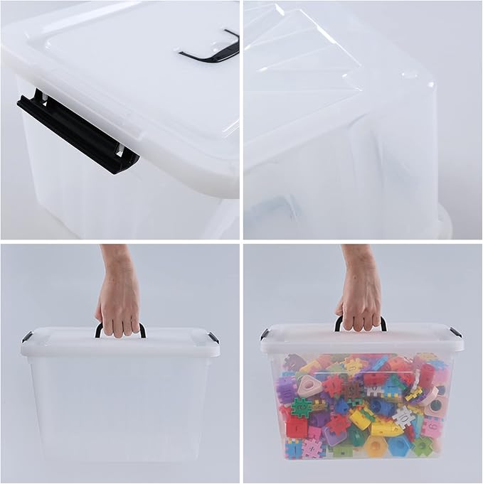 4-Pack 25 Quart Storage Boxes, Plastic Storage Latch Bin | Clear Tote Organizer Containers with Handle, Stackable Organization Bins with Secure Latching Lids