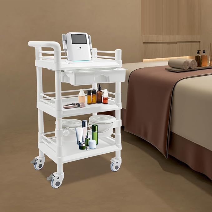 Mobile Salon Storage Cart with Wheel and Drawer, Portable 3-Tier Professional Trolleys, 176 Lbs Load Utility Tool, for Barber Stores, Spas, Homes, Beauty Store, Pet Shops