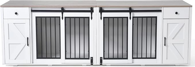 Verano Garden 88" Dog Crate Furniture, Dog Kennel Cage, White (88") | 2-in-1, Lockable, Decorative, Sliding Door, Removable Divider, Adjustable Shelf, Farmhouse, Heavy Duty, Small Medium Dogs