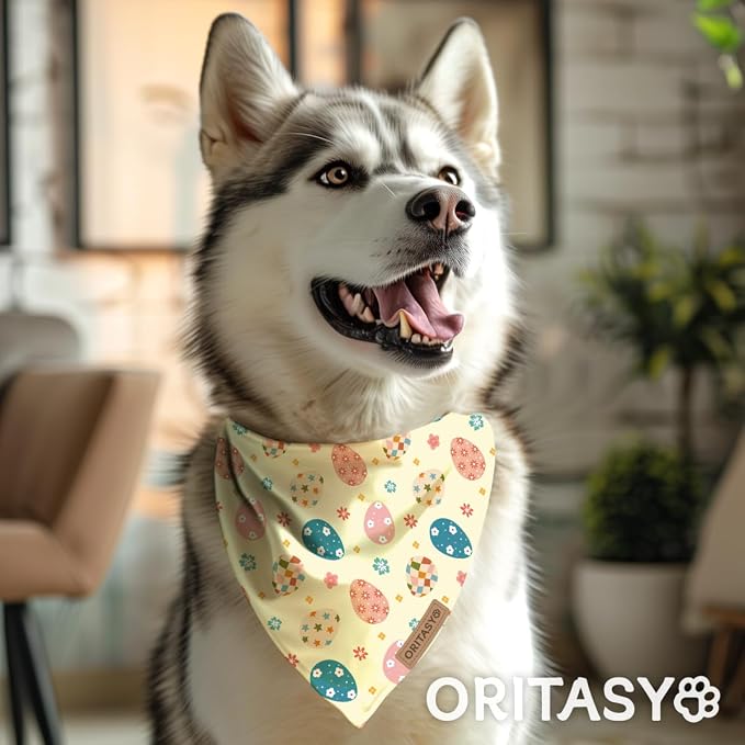 Easter Dog Bandanas, 2-Pack Triangle Reversible Bunny Eggs Pet Scarves, Premium Fabric, Bandana for All Boys Girls Dogs (Classic, One Size)