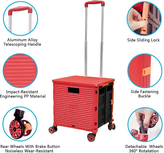 FELICON SELORSS Foldable Utility Cart Folding Portable Rolling Crate-Red | Durable,Heavy Duty,Plastic Box,Telescoping Handle,4 Rotate Wheels,Collapsible Handcart for Travel Shop Move Luggage Office