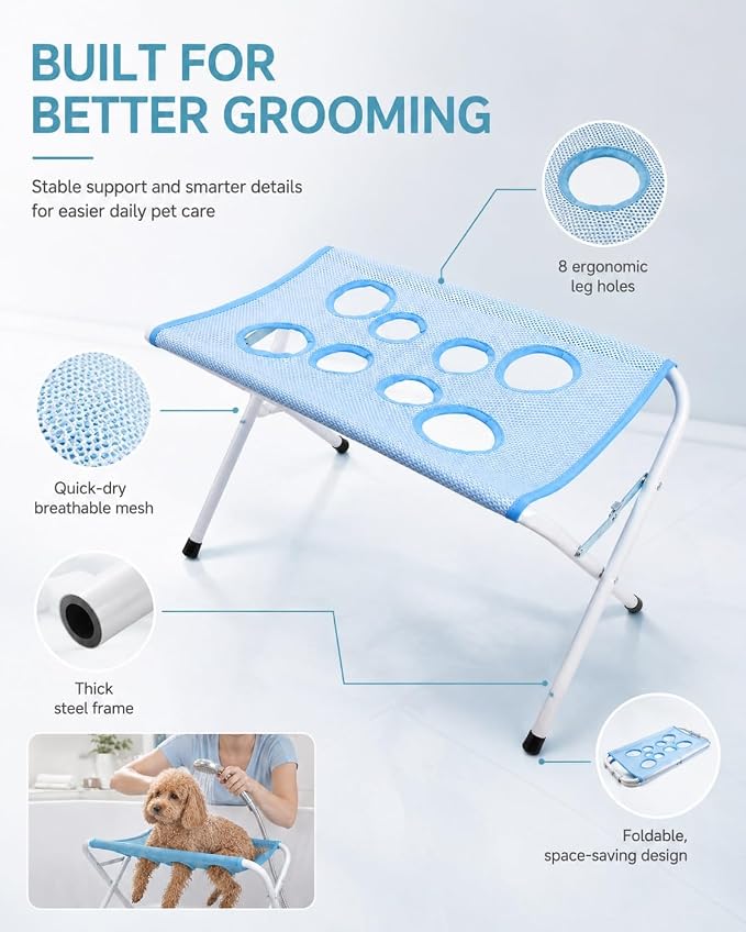Foldable Pet Bathing Stand, Dog Grooming Hammock for Cats and Small Dogs | Portable Shower Rack with 8-Hole Quick-Dry Mesh, 44 lb Capacity | Home Washing, Trimming & Nail Care(Gray)