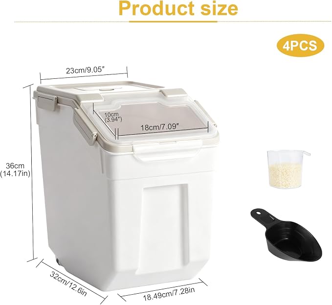 Saim 50lb Flour & Rice Storage Container Bin (4Pack Grey) | BPA free plastic with seal lid, rolling wheels and measuring scoop for rice, flour, cereal and grain one-hand scooping
