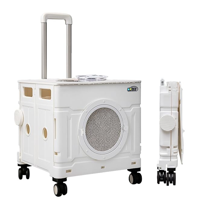 Collapsible Cat & Small Dog Carrier with Wheels Trolley Crate (White, M) | Lightweight waterproof portable foldable stroller for kittens and puppies, Airport trips, Vet visits, Rroad travel