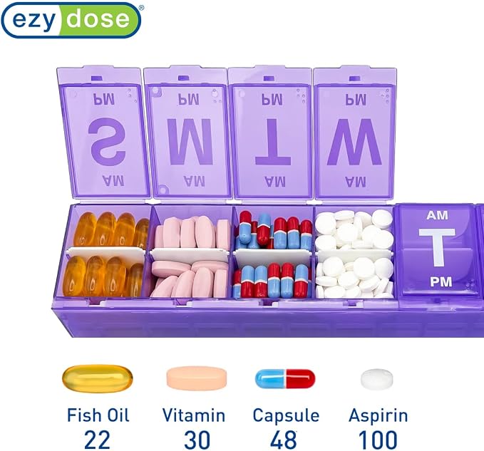 EZY DOSE Weekly (7-Day) AM/PM Pill Planner, Medicine Case, Vitamin Organizer Box, 3X-Large Locking Compartments to Secure Prescription Medication, Prevent Accidental Spilling, Color May Vary, BPA Free