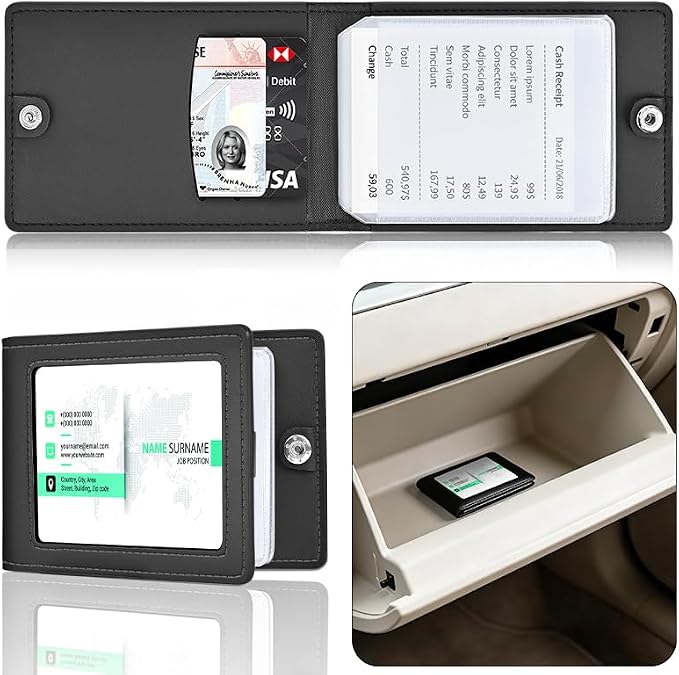 Car Picture Holder Leather Framed Metal Visor Clip 6pc pocket for Family Pet Couples Photo Drive License ID Credit Business Gift Card Auto Trucks Van SUV Visor Organizer Accessories (fiber pattern)