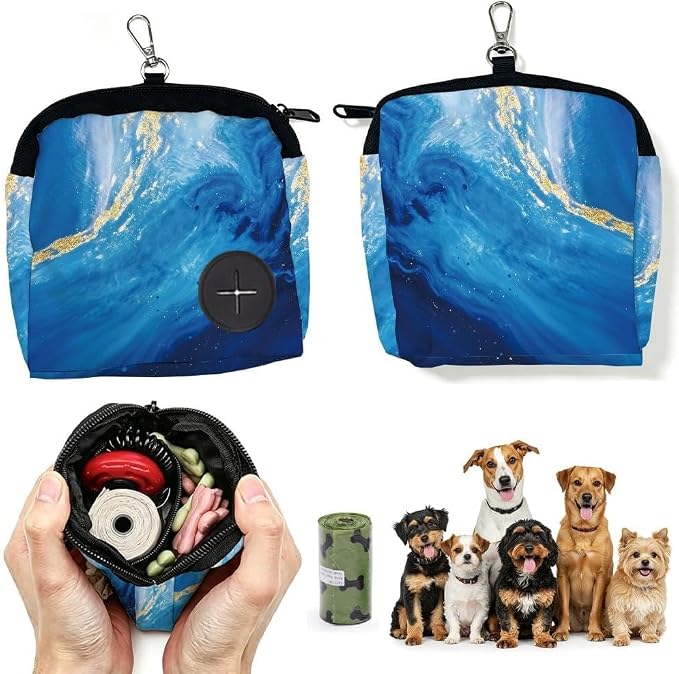 Dog Treat Pouch 5.12 x 4.72 Inch Treat Pouches for Pet Training Blue Marble Texture Polyester Portable Snack Reward Dog Food Dispenser with 1 Roll Garbage Bags for Traveling Outdoor Use