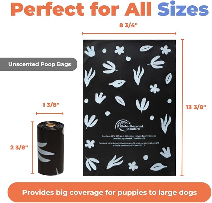 Best Pet Supplies GRS Poop Bags for Dogs - Black, 600 Count, Unscented | Unscented, 50% Post-Consumer Recycled Plastic, Leak-proof, Easy-Tear perforations, Thick Bags, Fits Standard Holders