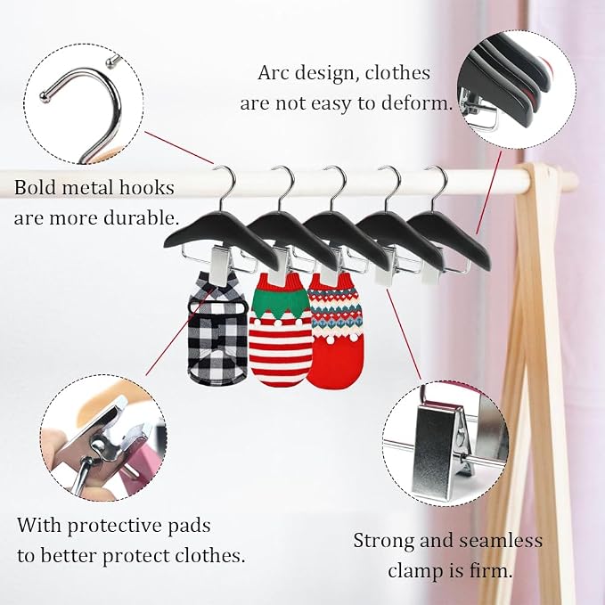 MIUPOO Mini Hanger,Pet Apparel Hangers,Cat Clothes Small Wooden Hangers with Anti Slip Clip, Pet Clothes Hanger,Dog Clothing Display Hanger,Hat Tie Wig Storage Rack,Black,2 Pack.