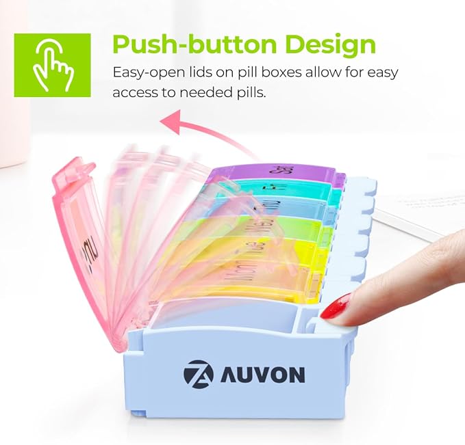 AUVON Weekly Pill Organizer Arthritis Friendly, BPA Free Travel 7 Day Pill Box Case with Spring Open Design and Large Compartment to Hold Vitamins, Cod Liver Oil, Supplements and Medication
