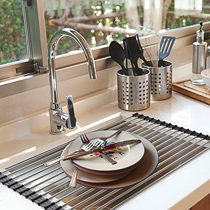 Ahyuan Roll up Dish Drying Rack Over The Sink Kitchen Roll up Sink Drying Rack Portable Dish Drainer Foldable Dish Drying Rack (Black, 20.5''X11.2'')