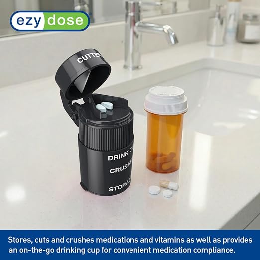 Ezy Dose 3 Compartment Pill Crusher, Cutter & Grinder, Drinking Cup, Black