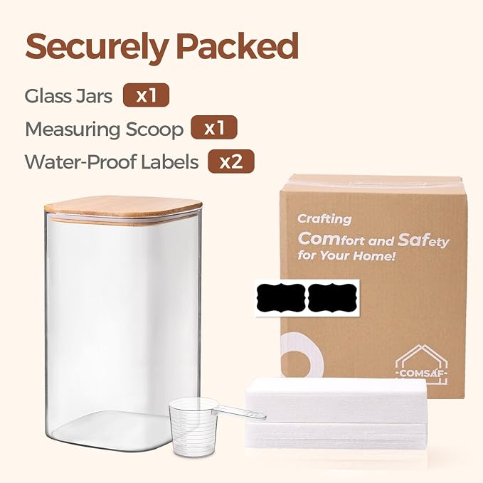 ComSaf Glass Storage Jars with Bamboo Lids 4.6 Qt Large Pantry Square | Cabinet Organization, Flour Sugar Coffee Beans, Pasta Cereal Dry Food, Big Capacity, Dry Food Storage