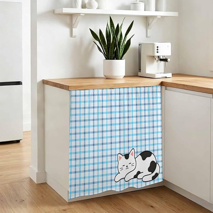 Cute Cat Cabinet Dishwasher Hidden Curtains, Privacy Closet Door Curtain, Blue Purple Checked Modern Pet Cats Rustic Adhesive Dust Proof Under Sink Skirt for Bathroom Kitchen 35"x35"