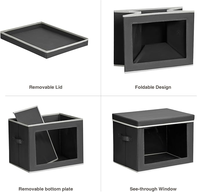 Stackable Storage Bins with Lids - Large Storage Box with Lids, Foldable Closet Boxes for Organizing, Wardrobe Clothes Organizer with Window, Cubes Bins for Living Room, 4 Pack, Dark Grey