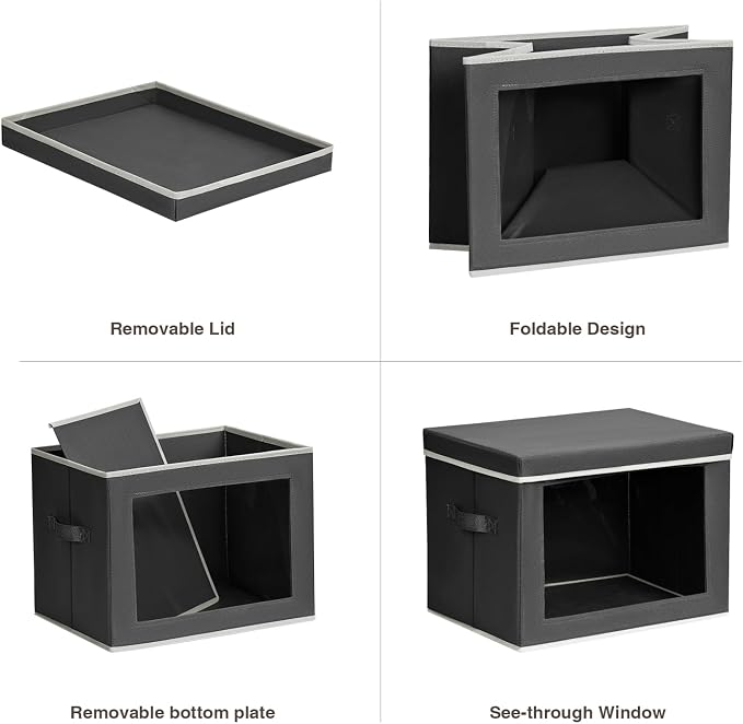 Stackable Storage Bins with Lids - Large Storage Box with Lids, Foldable Closet Boxes for Organizing, Wardrobe Clothes Organizer with Window, Cubes Bins for Living Room, 6 Pack, Dark Grey