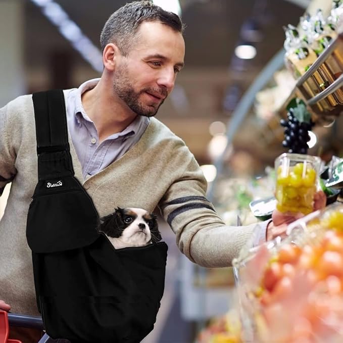Lukovee Pet Sling, Puppy Small Pet Cat Carrier with Safety Hook | Hands-Free,Padded Strap, Breathable, Adjustable, Storage Pocket, Tote Bag Shoulder Bag with Front Pocket (Black, M)