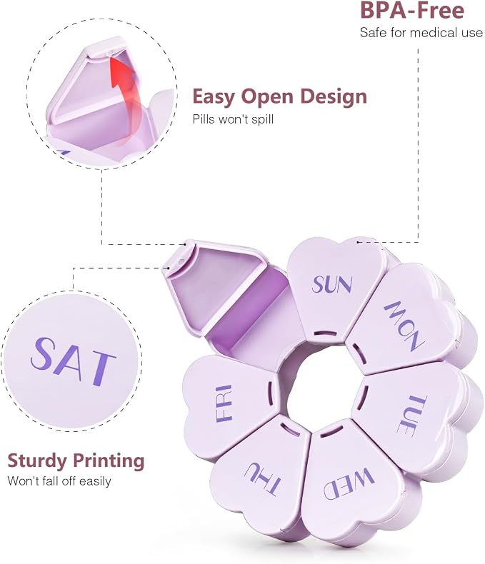 MOLN HYMY Large Weekly Pill Box 7 Day, Cute Pill Case Organizer 1 time a Day, Floral Pill Container Once Daily, Pretty Medicine Dispenser for Vitamin/Fish Oil/Medication/Supplements (Purple)