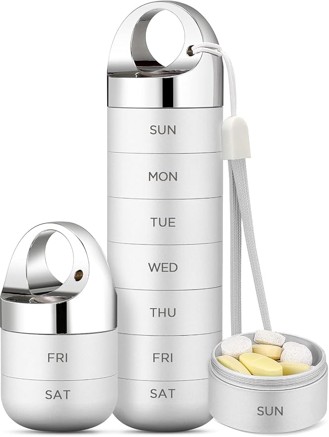 Zannaki Metal Travel Pill Organizer, Portable Waterproof Weekly Pill Box, Large Aluminum Alloy Pill Case Container, BPA Free 7 Day Daily Medicine Organizer Holder for Vitamin, Fish Oil, Supplement