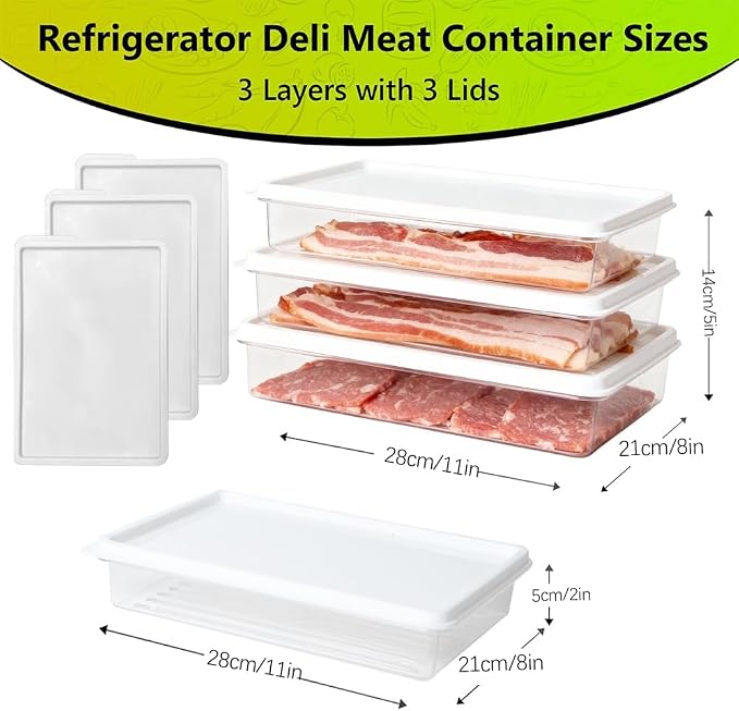 3pcs Large Deli Meat Container with Lids for Bacon Cold Cuts Storage | Stackable, Clear Deep Design, Refrigerator Organizer, for Cold Cuts, Cheese, Ham, Salami, Meal Prep Food Storage Boxes