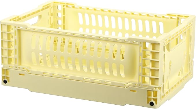 uxcell Collapsible Crates, 11.7x7.8x4.7 Stackable Plastic Storage Baskets with Handle Small Storage Containers for Bedroom Office Classroom Bathroom Desktop Organizer Decor, Light Yellow