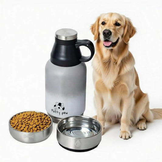 Petty Paw Dog Travel Water Bottle 32 oz Portable Stainless Steel Pet Water Bottle with Detachable Bowl for Dogs Leak Proof for Walking, Hiking, Camping