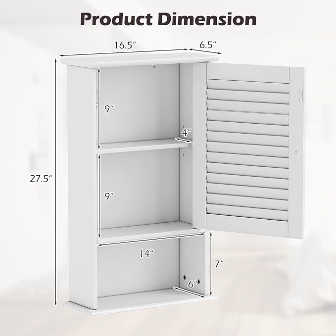 Tangkula Medicine Cabinet, Wall Mounted Bathroom Cabinet Single Door Wooden Bathroom Wall Cabinet with Adjustable Shelf