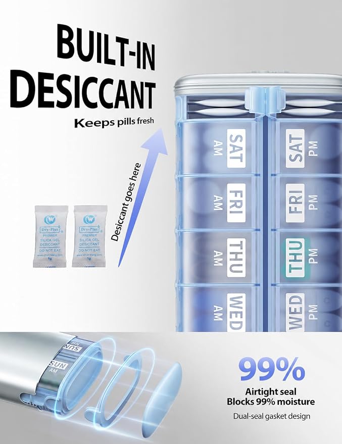 Vaydeer Metal 7 Day Travel Pill Organizer 2 Times a Day, Built-in Desiccant | AM PM weekly Travel Pill Case, Twice-Daily，Airtight Large Capacity Pill Box for Vitamins, Medication, Supplements & Fish Oil