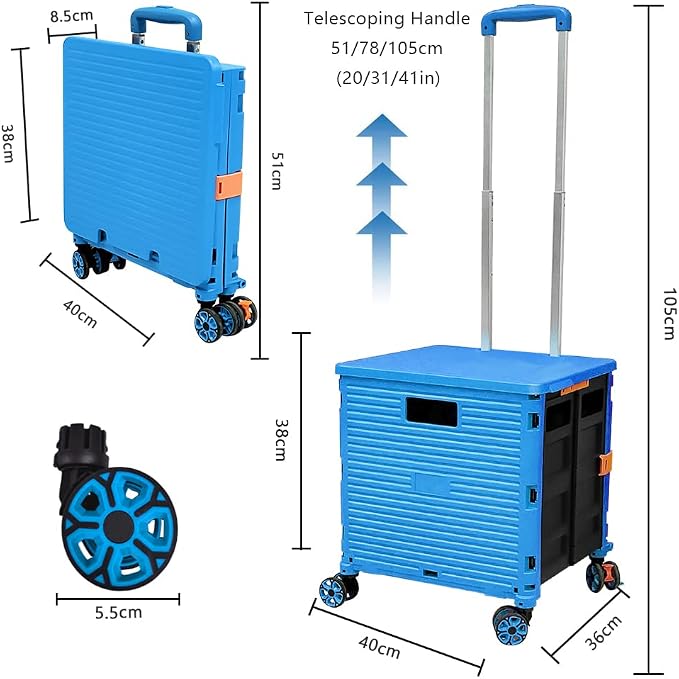 FELICON SELORSS Foldable Utility Cart Portable Rolling Crate-Light Blue | Durable,Heavy Duty,Plastic Box,Telescoping Handle,4 Rotate Wheels,Collapsible Handcart for Travel Shop Move Luggage Office