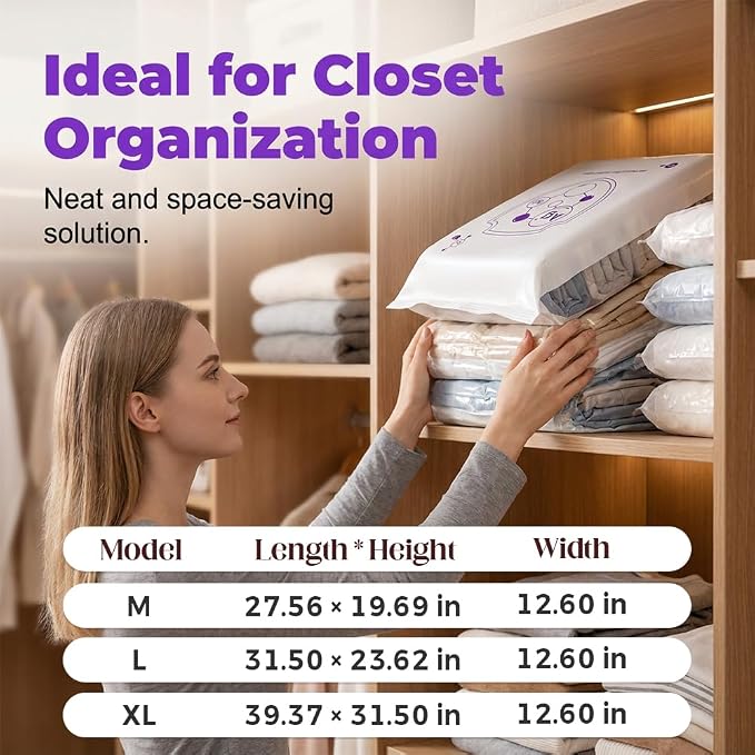 No‑Pump Vacuum Storage Bags, 2026 New Large Vacuum Storage Compression Bags, Reusable Vacuum Seal Bags for Clothing Travel, Space Saver Bags for Clothes, Blankets & Bedding (2Pcs/M:31.5*22*12.6in)