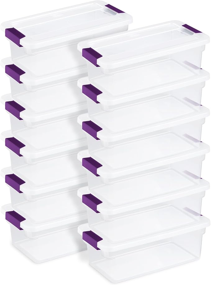 Sterilite ClearView Latch Boxes, Storage Bins with Lids, 6 Quart, 12-Pack | Clear Plastic Organizers with Color Accent Latches for Closet, Bedroom, Shelving Units, Dorm Room and Home Organization