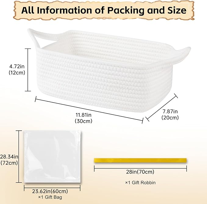 OIAHOMY 7L Woven Basket, Gift Basket Empty with Gift Bags and Ribbons, Rope Baskets for Baby Showers, Storage Baskets with Handles for Nursery, Pet Toy Organizer - White