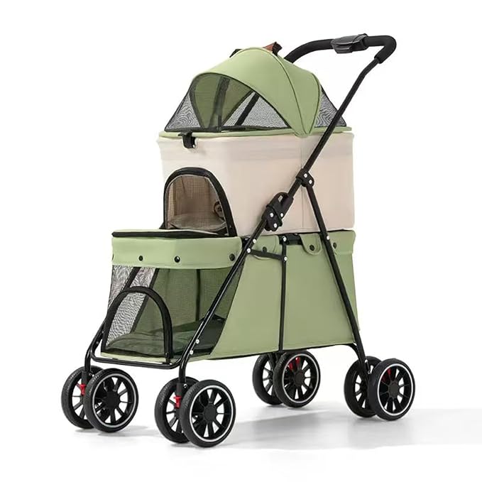 YYW Double Pet Stroller Foldable 2 Carriages Lockable Wheels Green Beige | Travel Strolling Cart, Top Detachable Carrier, Ideal for Multi-Pet Families, Small Dogs & Cats, Outdoor Walks & Vet Visit