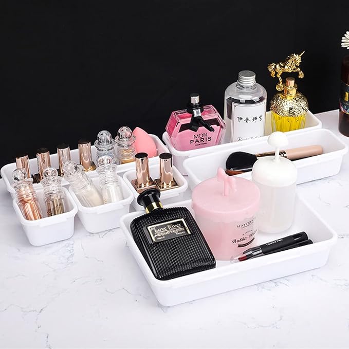 BOPART 25pcs Drawer Organizer Trays for Makeup Jewelries or Gadgets Storage Bins Interlocking for Office, Bedroom Dresser, Bathroom Vanity, Kitchen Junk Drawers Organization - White