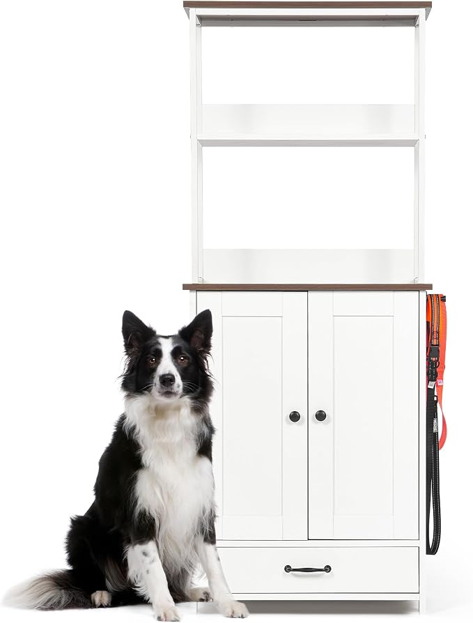 Pet Feeding Station with Bowls, Adjustable Shelves, Storage Cabinet, Pull Out Drawer, Hooks, Anti Tipping Kit, Elevated Feeder Organizer for Dogs Cats Food Water Toys Leashes Indoor Home