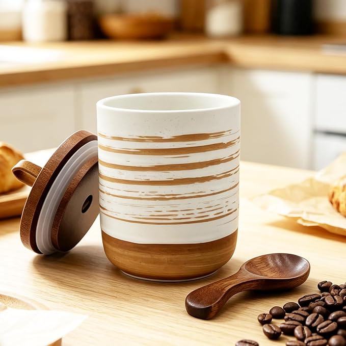 10oz Ceramic Food Storage Container with Lid & Spoon,Sugar Bowl,Airtight Coffee Matcha Containe,Loose Leaf Tea Storage,Salt Cellar,Spice Jar(White Spiral Pattern)