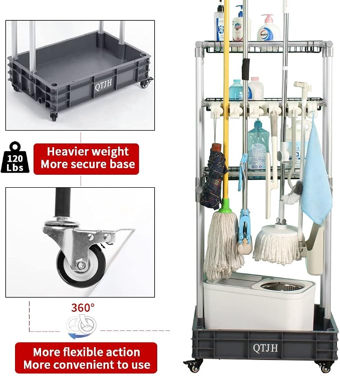 Storage Shelf Broom mop Holder Hold Your Cleaning Supplies Janitorial cart Steel Organizer Wire Rack
