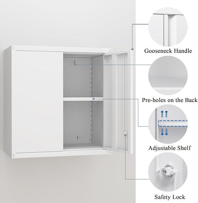 Metal Wall Cabinets, Kitchen Wall Hanging Cabinet, Locking Steel Storage Cabinets with Adjustable Shelves and Locking Doors, Wall Mount Tool Cabinet for Garage, Home, White