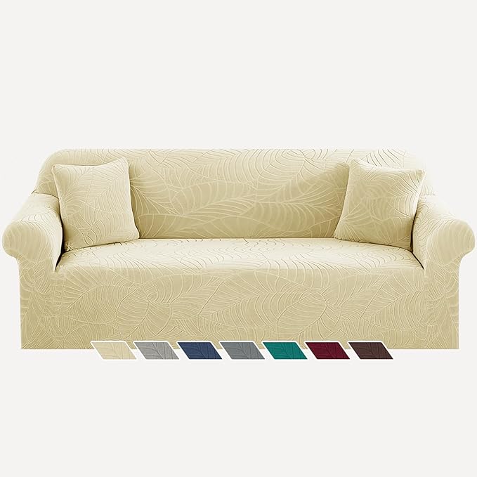 YEMYHOM Couch Cover Latest Jacquard Design High Stretch Extra Large Sofa Covers Pet Dog Cat Proof Oversized Slipcover Non Slip Magic Elastic Furniture Protector (X-Large, Begonia Leaf Beige)