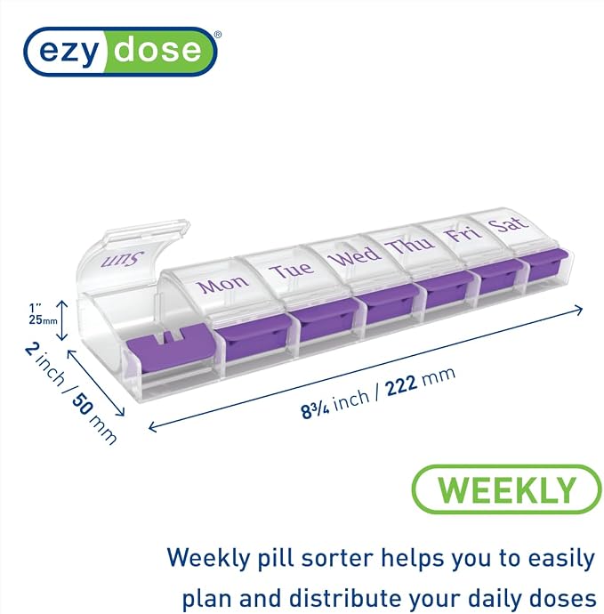 Ezy Dose Weekly (7-Day) Pill Organizer, X-Large Medicine Case, Purple/Clear | Daily Vitamin & Supplement Planner, Spacious Push-Button Compartments, Convenient & Easy to Use, Travel-Friendly, BPA-Free