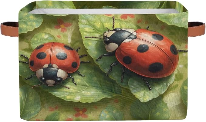 Green Leaf Ladybugs Storage Boxes Theme Storage Nursery Baskets with Handle Closet Collapsible Organizer Shelf Bins for Book Cloth 15 X 11 X 9.5 IN