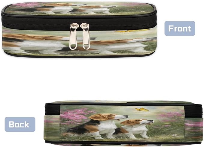 Pencil Case Large Capacity Pencil Bag Two Cute Beagle Dogs Floral Pouch Box Organizer Pen Case, School Supplies for Teen Adult