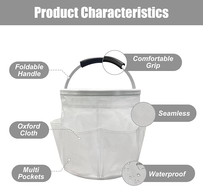 17L Cleaning Caddy with Handle, Foldable Cleaning Supply Caddy with 6 Pockets Cleaning Caddy Bag for Outdoor Camping Garden Harvest Basket Bathroom Storage (Clear)