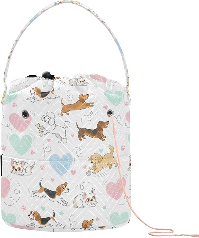 Cute Pets White Dogs Crochet Bag Organizer Portable Yarn Storage Bags with Handle Yarn Holder Small Crochet Accessories Knitting Bag for Knitting Kit Supplies Travel