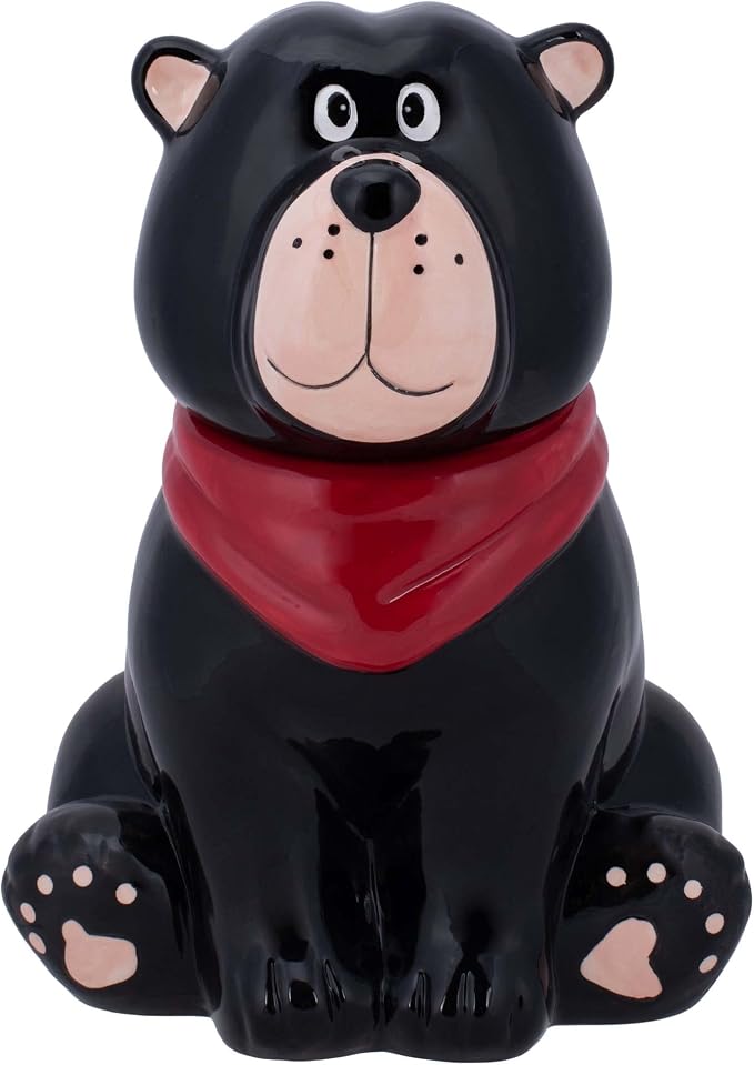 Black Bear Handkerchief 10 x 7.9 Dolomite Ceramic Everyday Cookie & Candy Jar with Airtight Lid: Perfect for Kitchen Canisters, Pet Treat Containers & Decorative Storage
