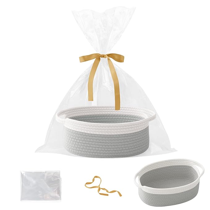 Woven Rope Basket - Baby Gift Basket with Bag & Ribbon, White&Grey | Cotton rope with handle, 12 x 8 x 5 in, gift bag and ribbon, for baby shower, birthday, toy storage, nursery, shelf decor