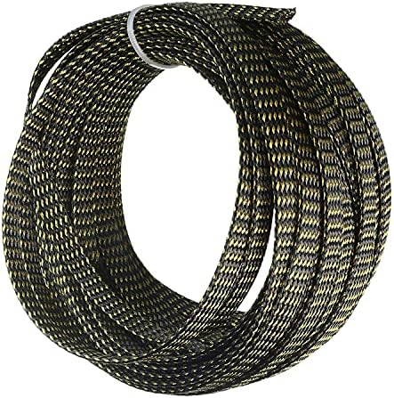 Bettomshin 1Pc 32.8Ft(10m) Cable Management Sleeve, 5/16"(8mm) Width PET Black & Gold Cord Protector, Wire Loom Tube Insulated Split Sleeving for USB Cable Power Cord Organizer Video Cable Hider